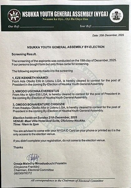 NSUKKA YOUTH GENERAL ASSEMBLY BY-ELECTION UPDATE
