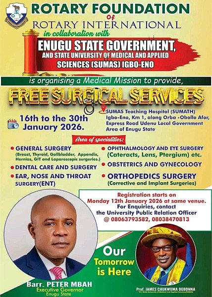 SUMAS Teaching Hospital, Igbo-eno Nsukka, in Conjunction with Rotary International holds Free Surgeries for Patients this January, 2026